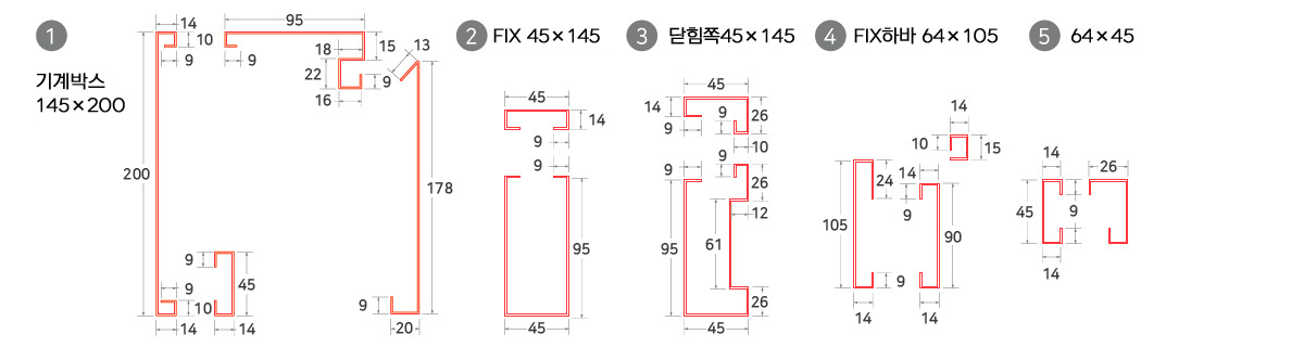 스테인리스 프레임 절곡도. 기계박스 145×200, FIX 45×145, 닫힘쪽 45×145, FIX하바 64×105, 64×45